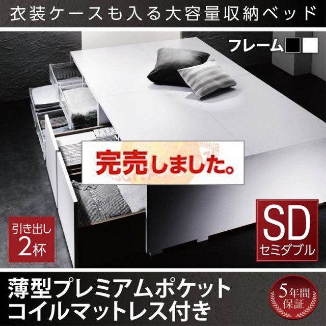 衣装ケースが入るチェストベッド【SCHNEE】シュネー 薄型プレミアムポケットマットレス付 引出し2杯 セミダブル