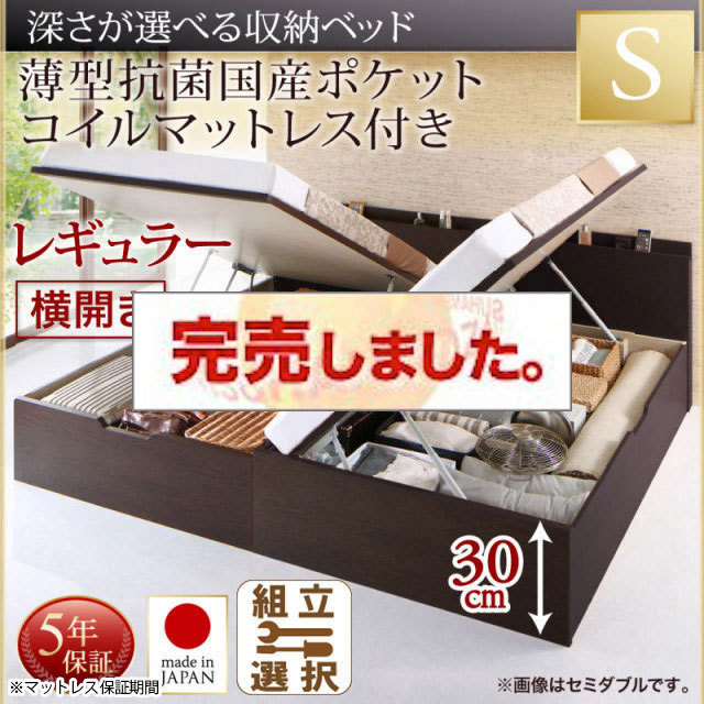 日本製 跳ね上げベッド【Renati】レナーチ 薄型抗菌国産ポケットマットレス付 横開き シングル 深さレギュラー