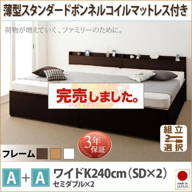 日本製 ファミリーベッド【TRACT】トラクト 薄型スタンダードボンネルマットレス付 A+A ワイドK240(SD×2)