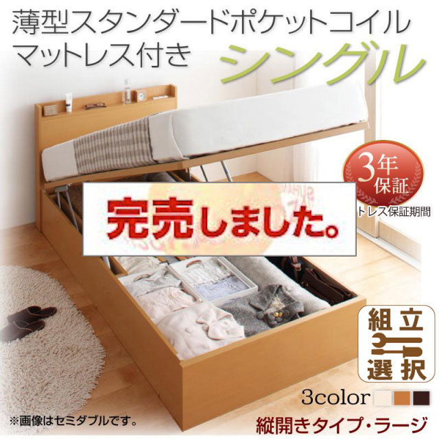 日本製 跳ね上げベッド【Freeda】フリーダ 薄型スタンダードポケットマットレス付 縦開き シングル 深さラージ