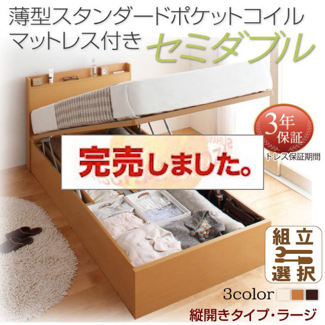 日本製 跳ね上げベッド【Freeda】フリーダ 薄型スタンダードポケットマットレス付 縦開き セミダブル 深さラージ
