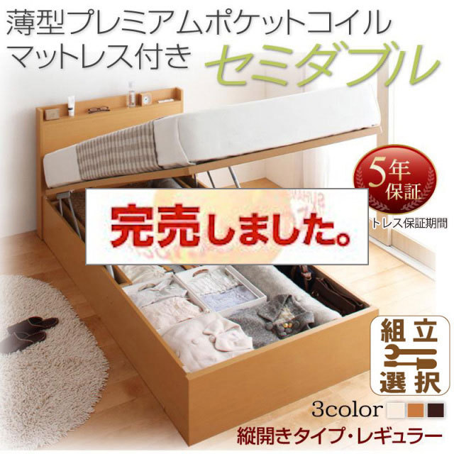 日本製 跳ね上げベッド【Freeda】フリーダ 薄型プレミアムポケットマットレス付 縦開き セミダブル 深さレギュラー