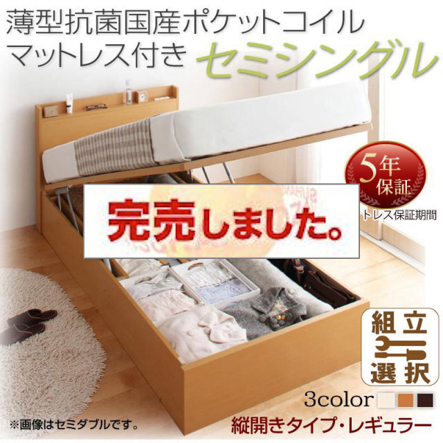 日本製 跳ね上げベッド【Freeda】フリーダ 薄型抗菌国産ポケットマットレス付 縦開き セミシングル 深さレギュラー