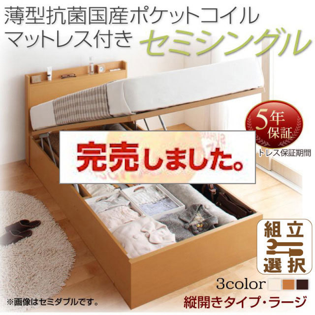 日本製 跳ね上げベッド【Freeda】フリーダ 薄型抗菌国産ポケットマットレス付 縦開き セミシングル 深さラージ