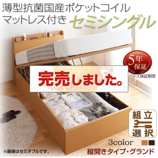 日本製 跳ね上げベッド【Freeda】フリーダ 薄型抗菌国産ポケットマットレス付 縦開き セミシングル 深さグランド