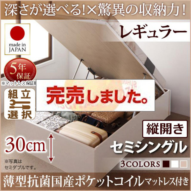 日本製 跳ね上げベッド ヘッドレス【Regless】リグレス 薄型抗菌国産ポケットマットレス付 縦開き セミシングル 深さレギュラー