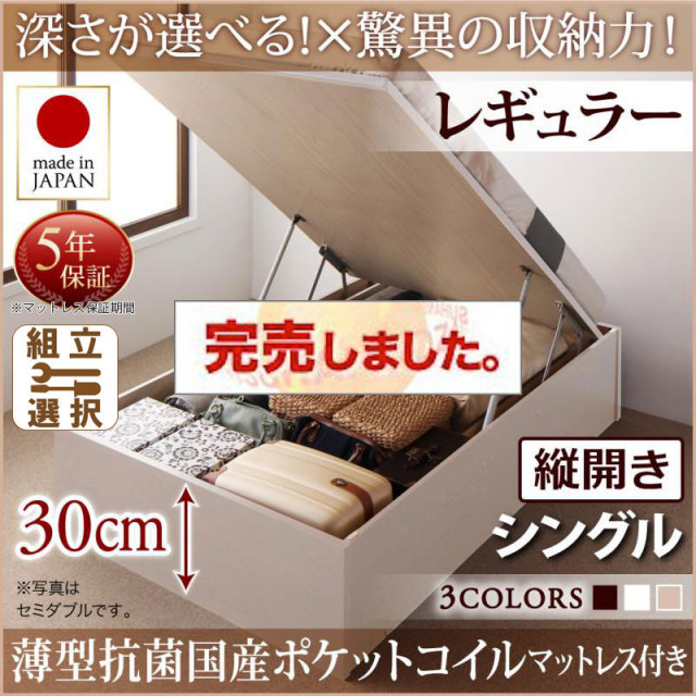 日本製 跳ね上げベッド ヘッドレス【Regless】リグレス 薄型抗菌国産ポケットマットレス付 縦開き シングル 深さレギュラー