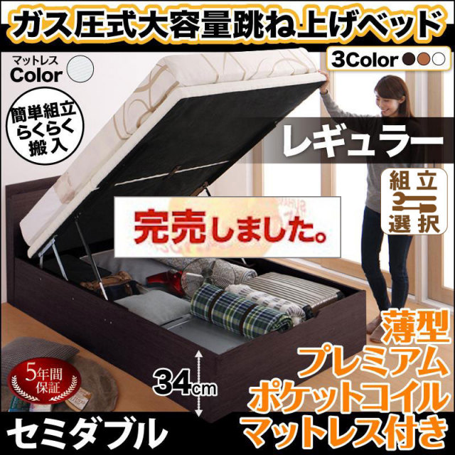 らくらく搬入 跳ね上げベッド【Free-Gate】フリーゲート 薄型プレミアムポケットマットレス付 セミダブル 深さレギュラー