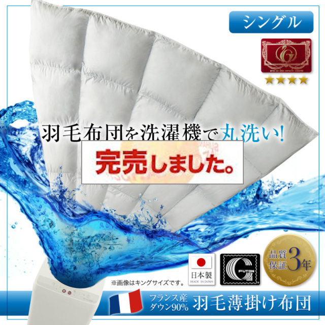 洗濯機で洗える　エクセルゴールドラベル　フランス産ダウン90％　羽毛薄掛け布団【Wash】ウォッシュ シングル