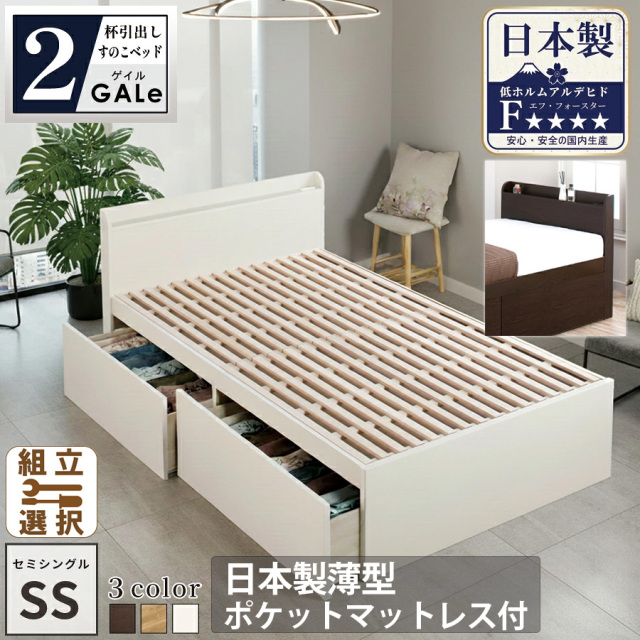 【新商品】日本製 すのこ仕様 大型引き出し2杯収納付きベッド【GALe】ゲイル【日本製薄型ポケットマットレス付】セミシングル