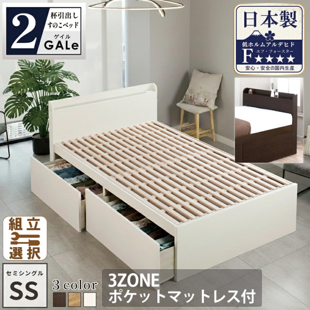 【新商品】日本製 すのこ仕様 大型引き出し2杯収納付きベッド【GALe】ゲイル【3ZONEポケットマットレス付】セミシングル