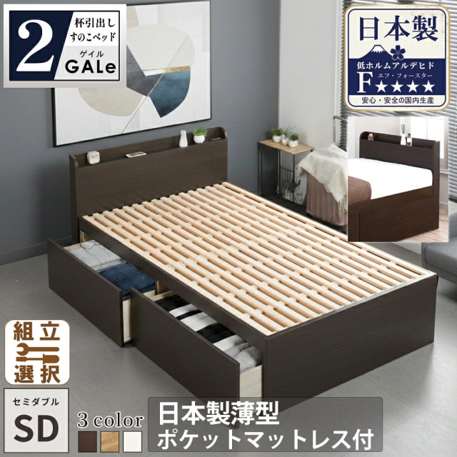 【新商品】日本製 すのこ仕様 大型引き出し2杯収納付きベッド【GALe】ゲイル【日本製薄型ポケットマットレス付】セミダブル