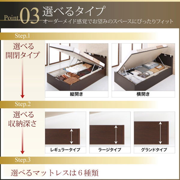 国産跳ね上げ収納ベッド【Renati-DB】レナーチ ダークブラウン 薄型抗菌国産ポケットマットレス付 横開き シングル 深さラージ