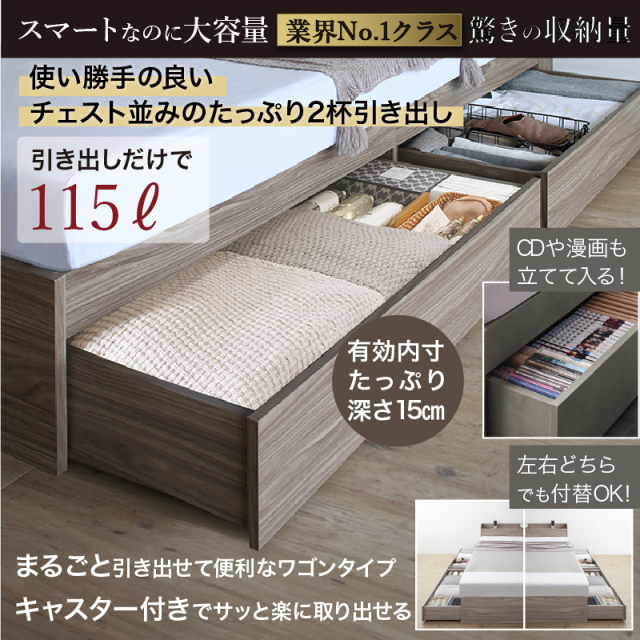 ダークブラウン すのこベッド 引き出し付き　両用タイプ　ヨーロッパ製 幅広すのこベッド ダブル 宮棚 2口コンセント付 高さ調整可