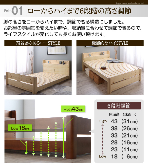 すのこベッド | 高さ調節 頑丈天然木すのこベッド ベッド