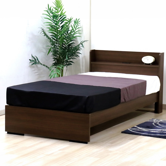 日本製 組立簡単！棚・コンセント付 収納付きベッド　ウォルナット