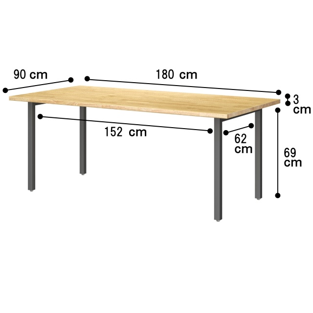 TSUNAGITE / ラバーウッド × スチール脚 テーブル 無垢材 国産 180cm × 90cm 【受注生産】 ストレート サイズ