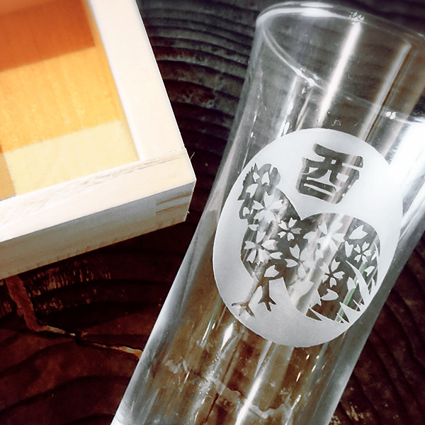 【酉（とり）】 HIROガラス工房 干支桝（ます）付きグラス