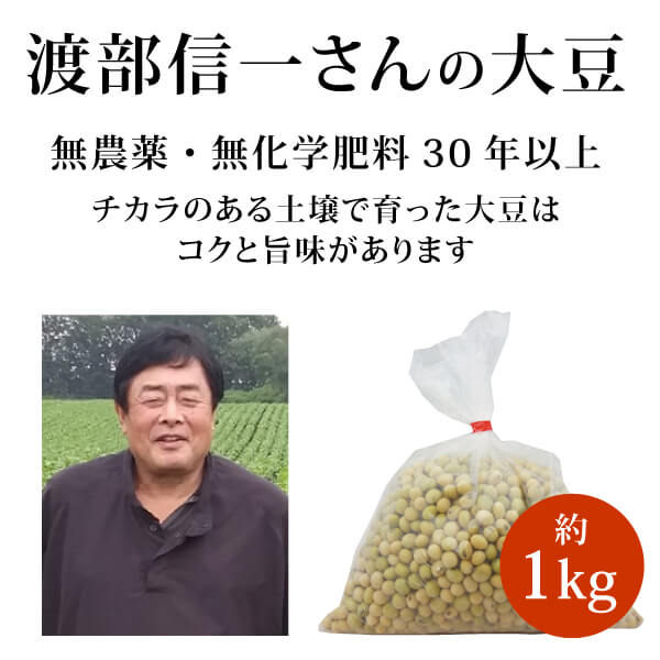 ke3622 渡部信一さんの大豆約1kg【大人気! 渡部さんの無農薬・無化学肥料栽培大豆／品種は「音更大袖：オトフケオオソデ／在来種」／北海道産】