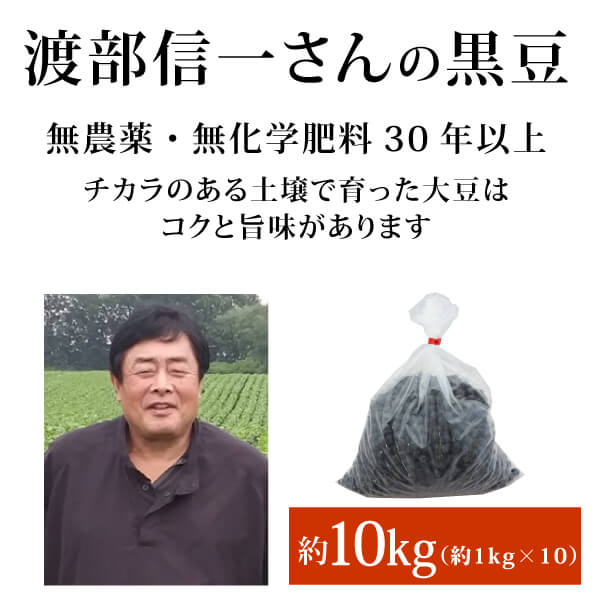 渡部信一さんの黒豆約10kg（約1kg×10袋）　北海道産　無農薬　いわいくろ