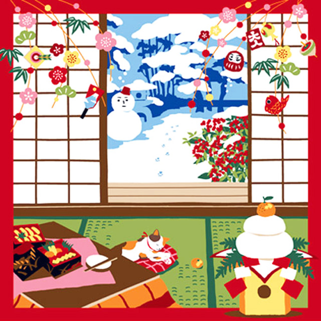 風呂敷　綿小風呂敷 約50cm 三毛猫みけの夢日記 みけの初夢 1月 Furoshiki 【International shipping OK】