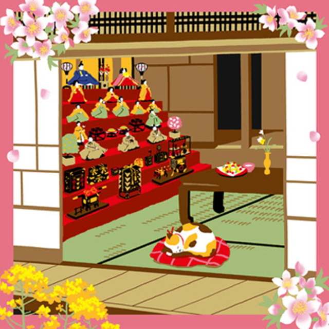 風呂敷　綿小風呂敷 約50cm 三毛猫みけの夢日記 みけとお雛様 3月 Furoshiki 【International shipping OK】