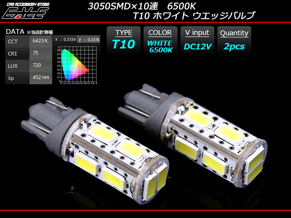 【ネコポス可】 T10 ウエッジバルブ 3050SMD×10連 6500K LED ホワイト （ A-92 ）