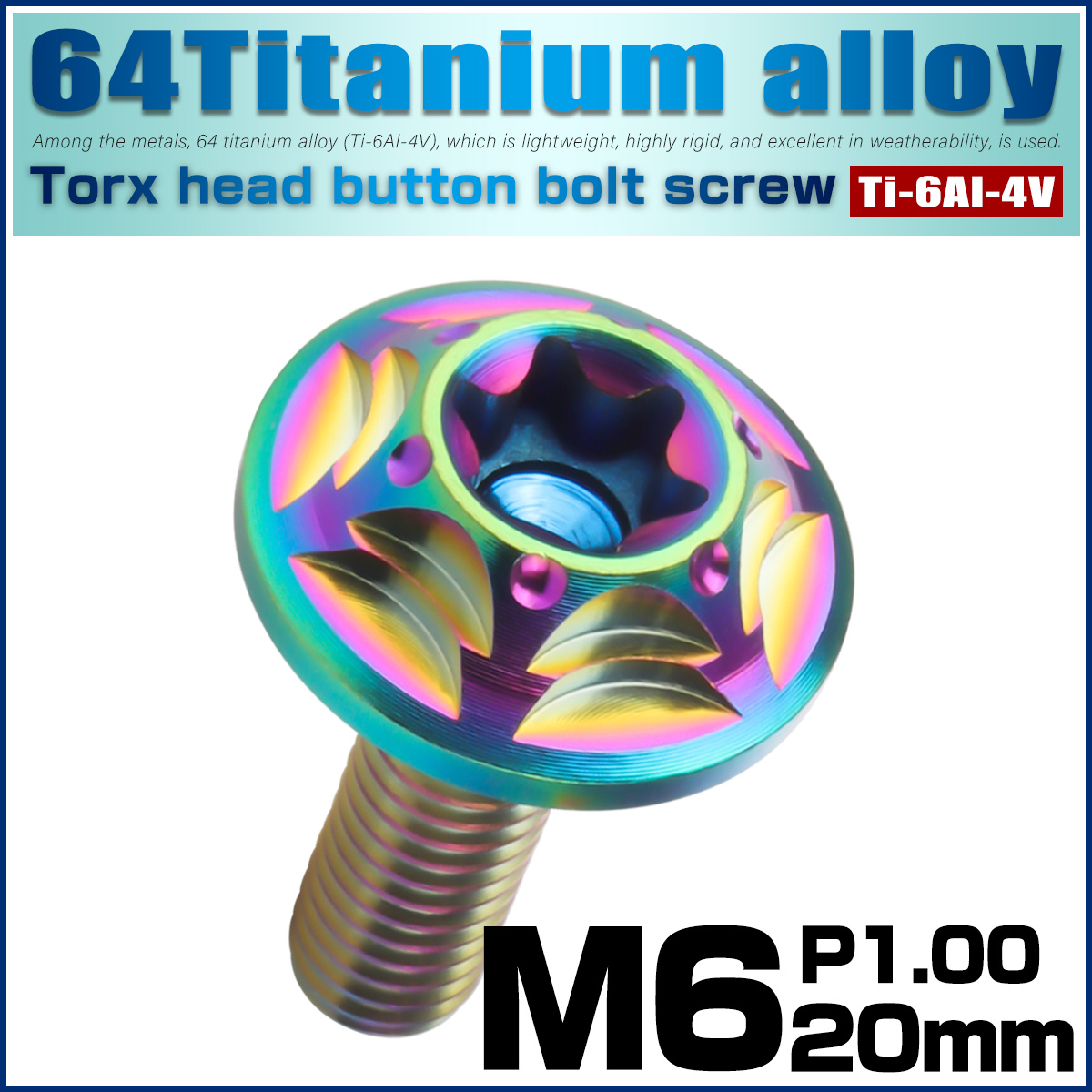チタンボルト M6×20mm P1.0 ボタンボルト フランジ付き トルクス穴 レインボー JA1040 【メール便可】