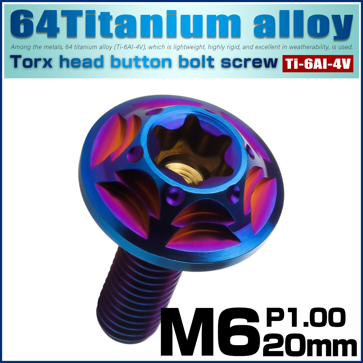 チタンボルト M6×20mm P1.0 ボタンボルト フランジ付き トルクス穴 焼きチタン JA1041 【メール便可】
