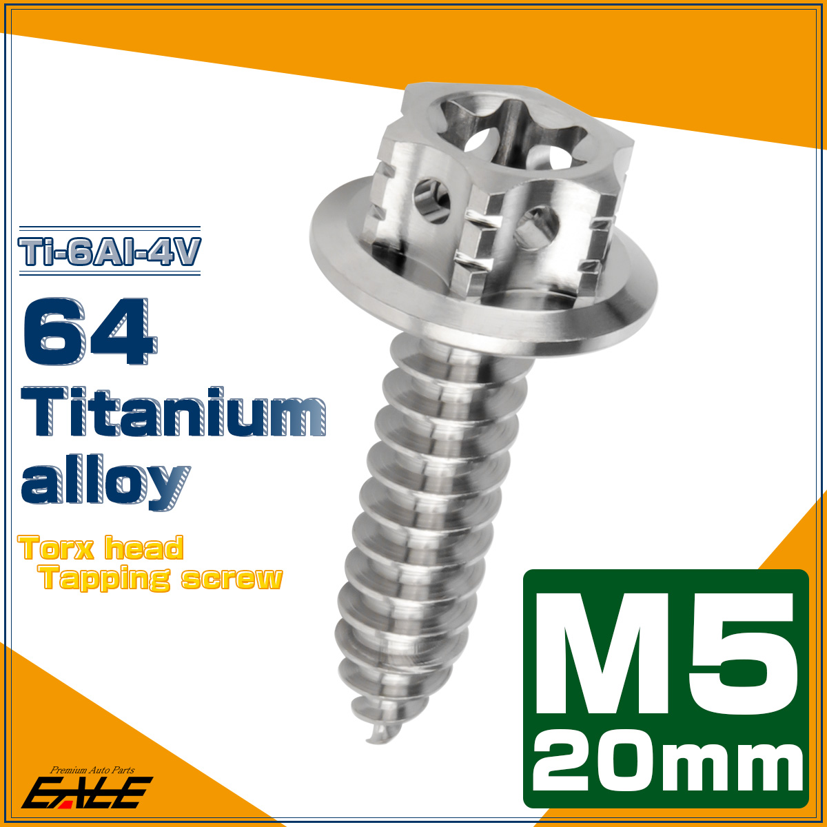 64チタン製 M5×20mm タッピングネジ トルクス穴 フランジ付 ヘキサゴンヘッド ビス シルバー JA1204 【メール便可】