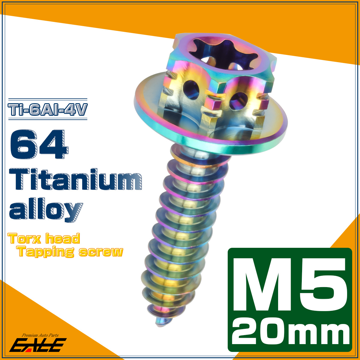 64チタン製 M5×20mm タッピングネジ トルクス穴 フランジ付 ヘキサゴンヘッド ビス ライトカラー レインボー JA1208 【メール便可】