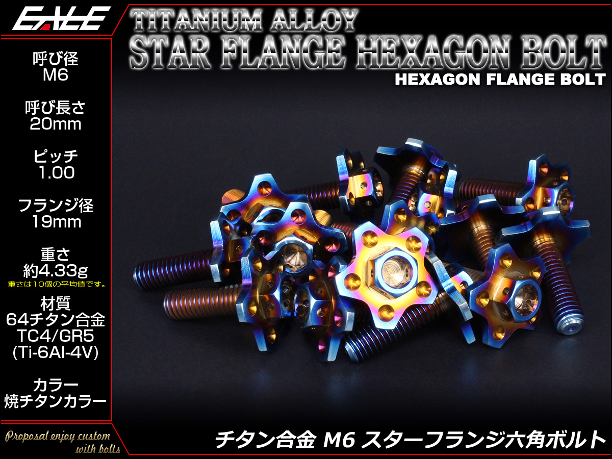 64チタン合金(TC4 GR5) M6×20mm P=1.00 フランジ径19mm スターフランジ 六角ボルト 焼チタンカラー JA195 【メール便可】