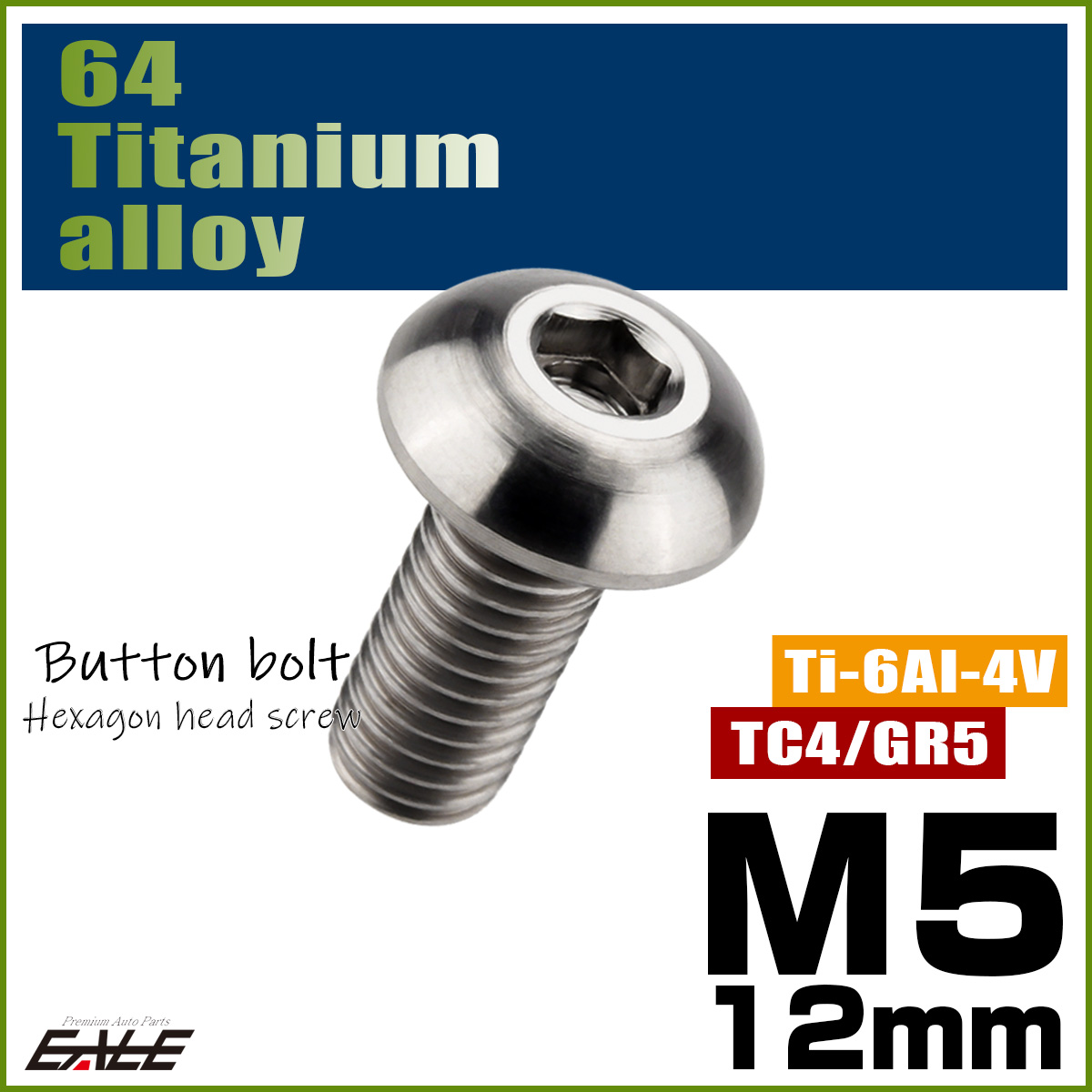 チタンボルト M5×12mm P0.8 ボタンボルト 六角穴 シルバー原色 JA590 【メール便可】