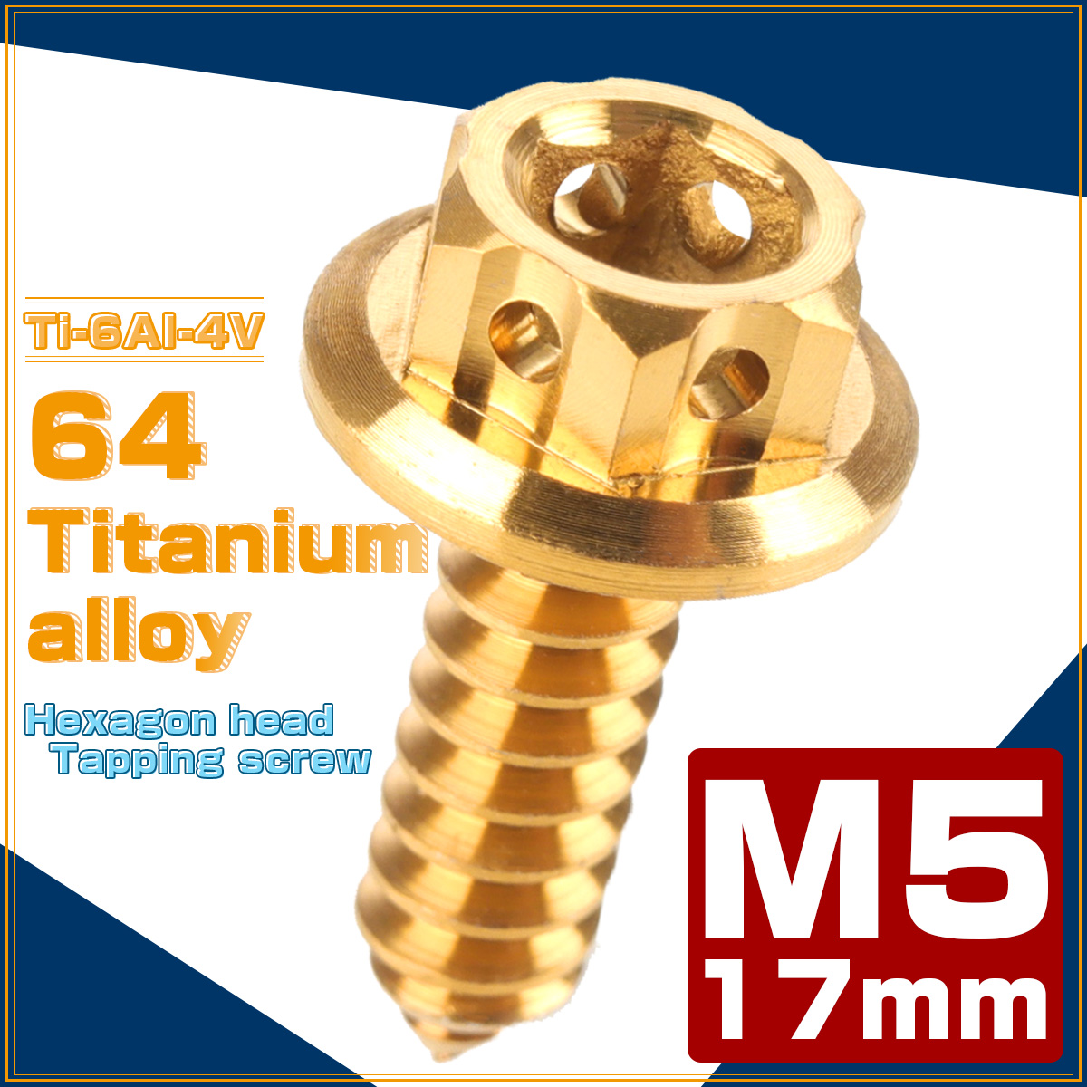 64チタン製 M5×17mm タッピングネジ フランジ付 六角頭 ヘキサゴンヘッド ビス ゴールド JA605 【メール便可】