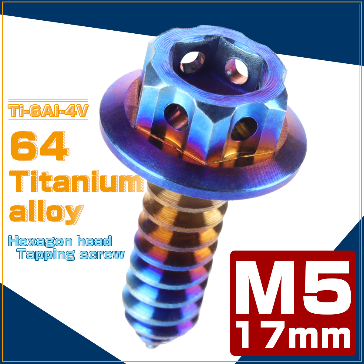 64チタン製 M5×17mm タッピングネジ フランジ付 六角頭 ヘキサゴンヘッド ビス 焼きチタン風 ダークカラー JA606 【メール便可】