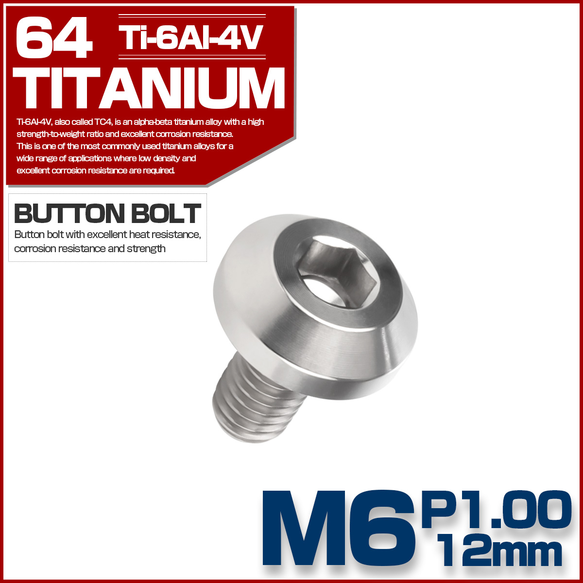 チタンボルト ボタンボルト M6×12mm P1.00 六角穴 テーパーヘッド カスタムボルト シルバー チタン原色 JA846 【メール便可】
