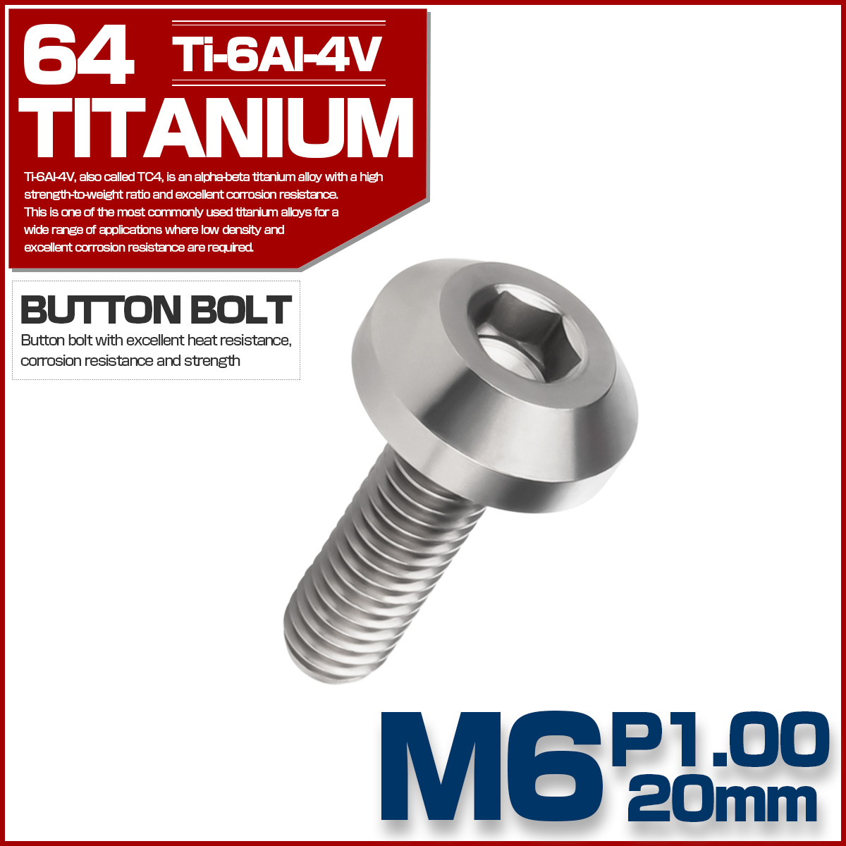 チタンボルト ボタンボルト M6×20mm P1.00 六角穴 テーパーヘッド カスタムボルト シルバー チタン原色 JA852 【メール便可】