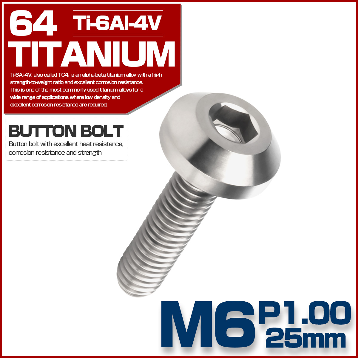 チタンボルト ボタンボルト M6×25mm P1.00 六角穴 テーパーヘッド カスタムボルト シルバー チタン原色 JA855 【メール便可】