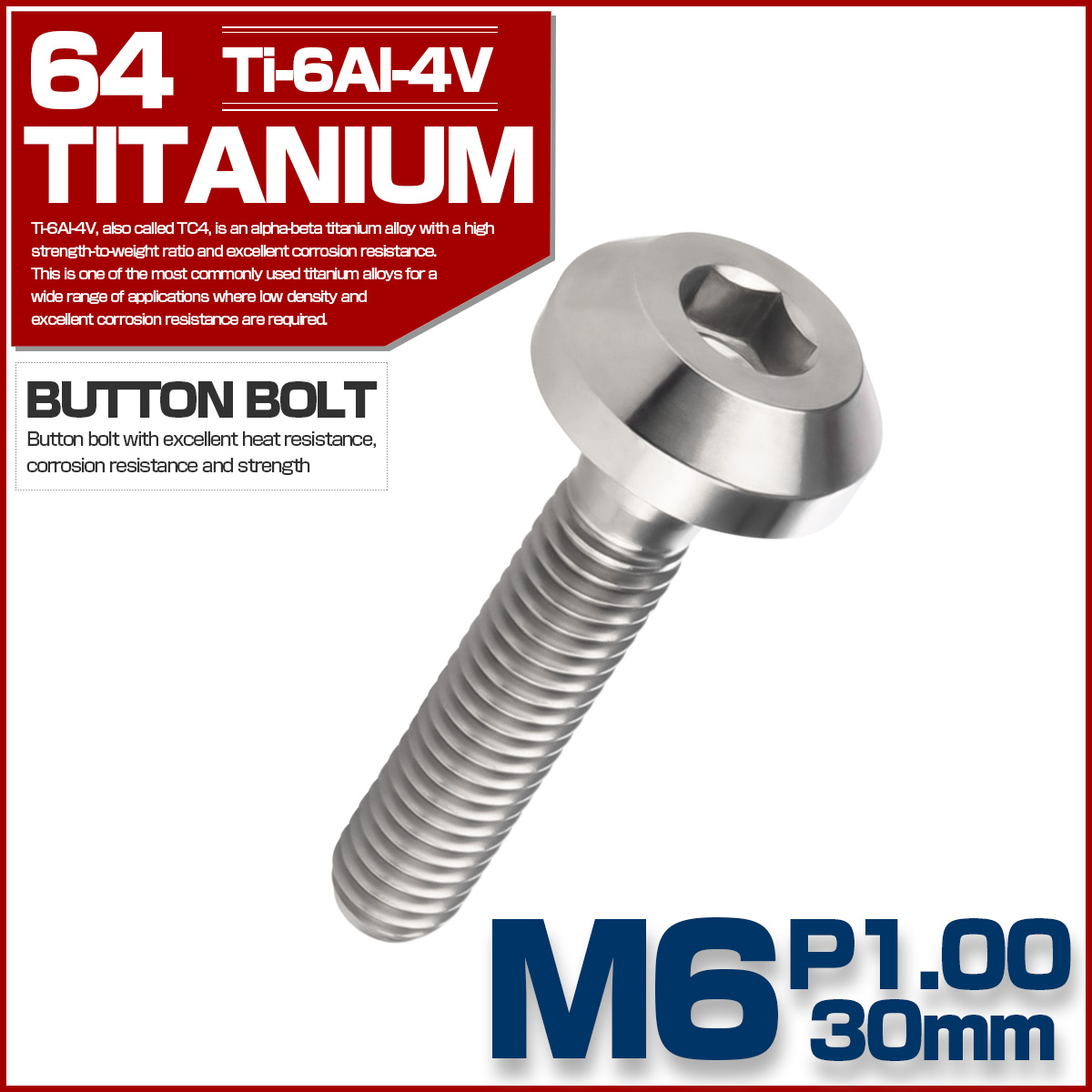 チタンボルト ボタンボルト M6×30mm P1.00 六角穴 テーパーヘッド カスタムボルト シルバー チタン原色 JA858 【メール便可】