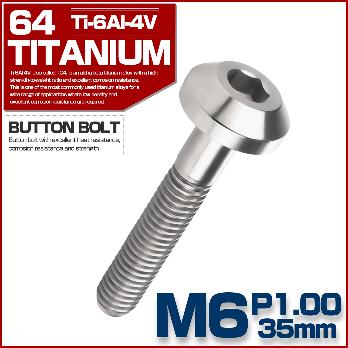 チタンボルト ボタンボルト M6×35mm P1.00 六角穴 テーパーヘッド カスタムボルト シルバー チタン原色 JA861 【メール便可】