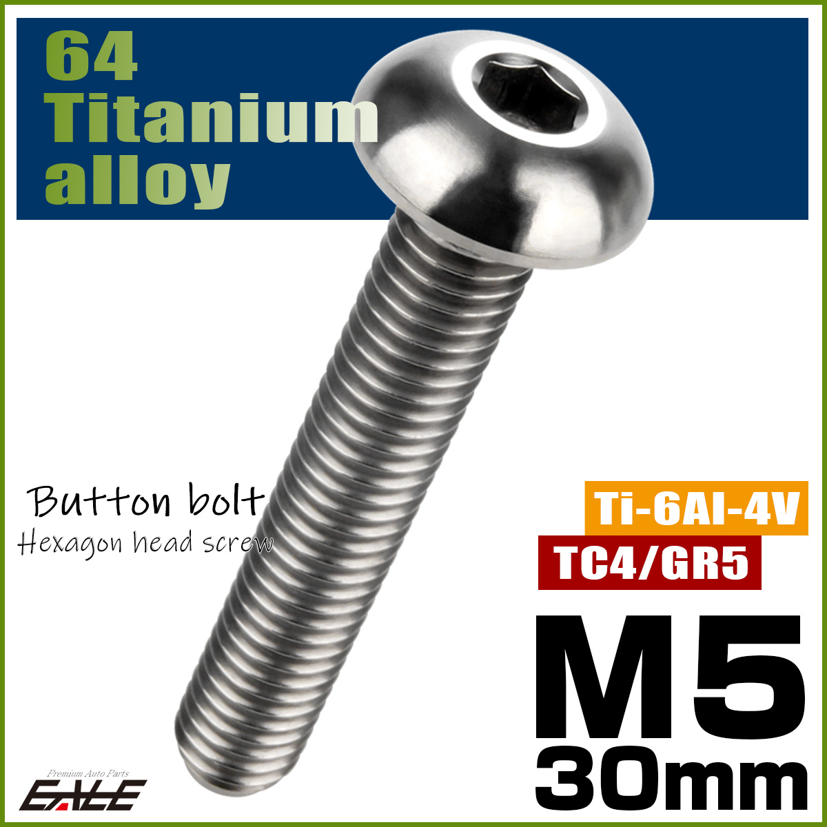 チタンボルト M5×30mm P0.8 ボタンボルト 六角穴 シルバー原色 JA903 【メール便可】