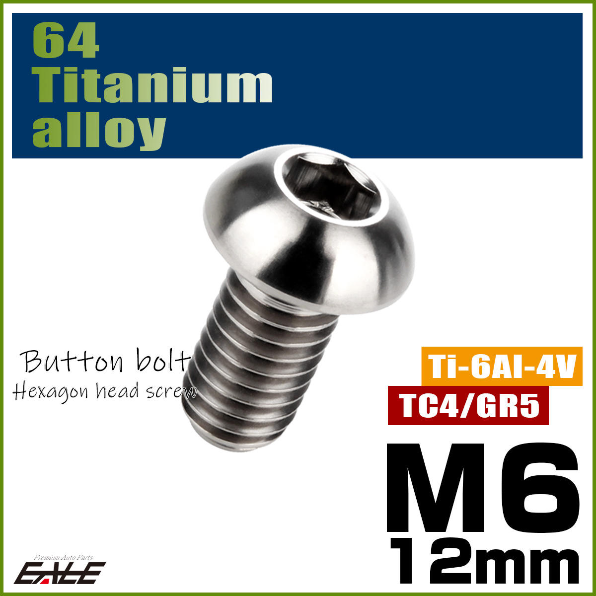 チタンボルト M6×12mm P1.0 ボタンボルト 六角穴 シルバー原色 JA906 【メール便可】