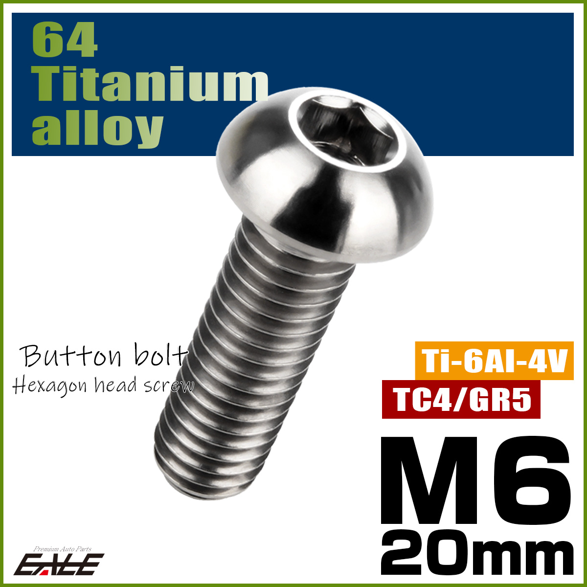 チタンボルト M6×20mm P1.0 ボタンボルト 六角穴 シルバー原色 JA912 【メール便可】