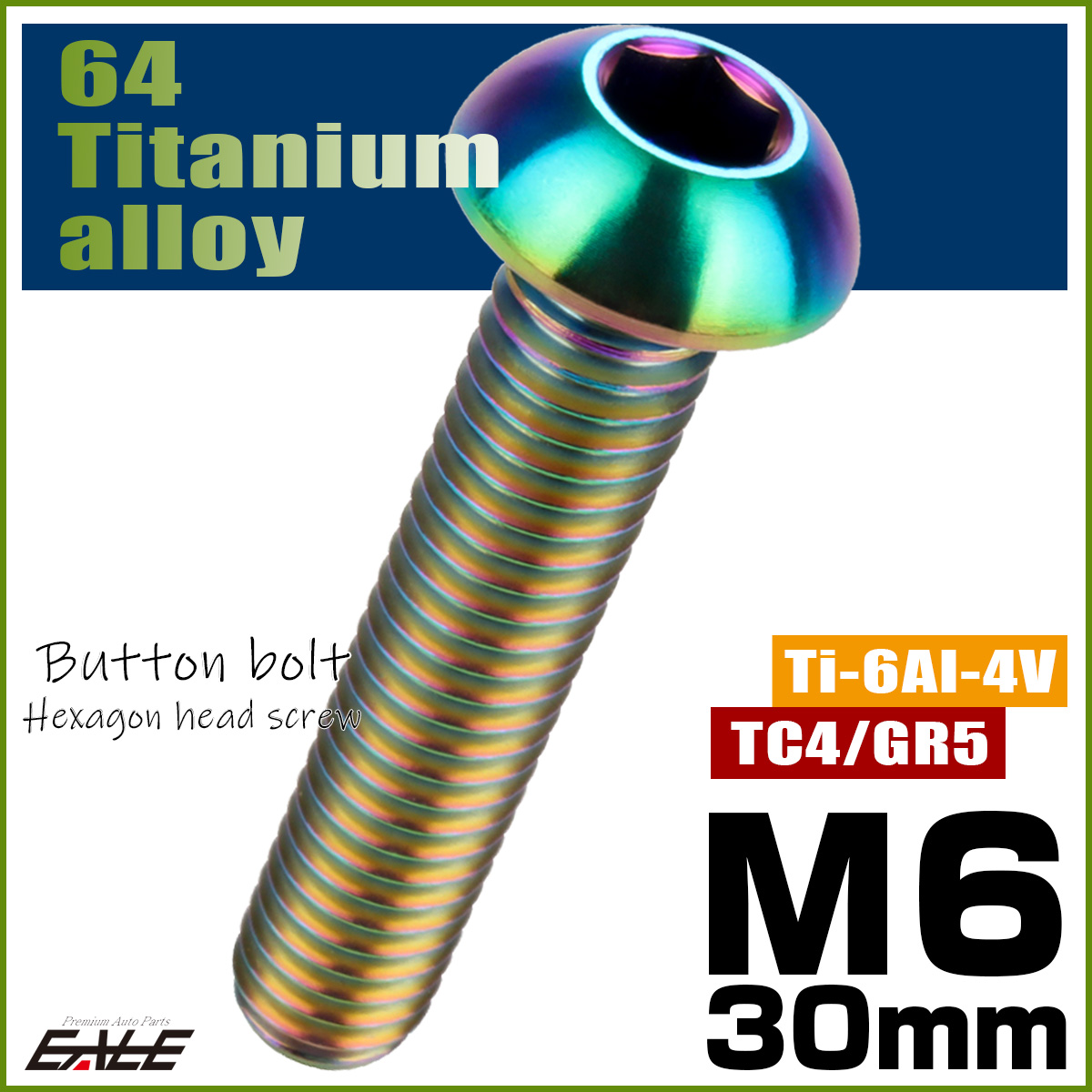 チタンボルト M6×30mm P1.0 ボタンボルト 六角穴 レインボー 虹色 ライトカラー JA919 【メール便可】