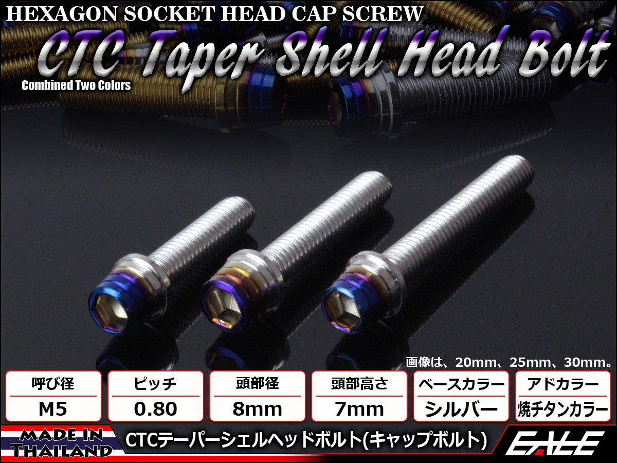 M5×20mm ステンレス 削り出し 2色 テーパー シェル ヘッド ボルトキャップボルト タンクキャップやキャブなどに シルバー 焼チタンカラー TB0843 【メール便可】