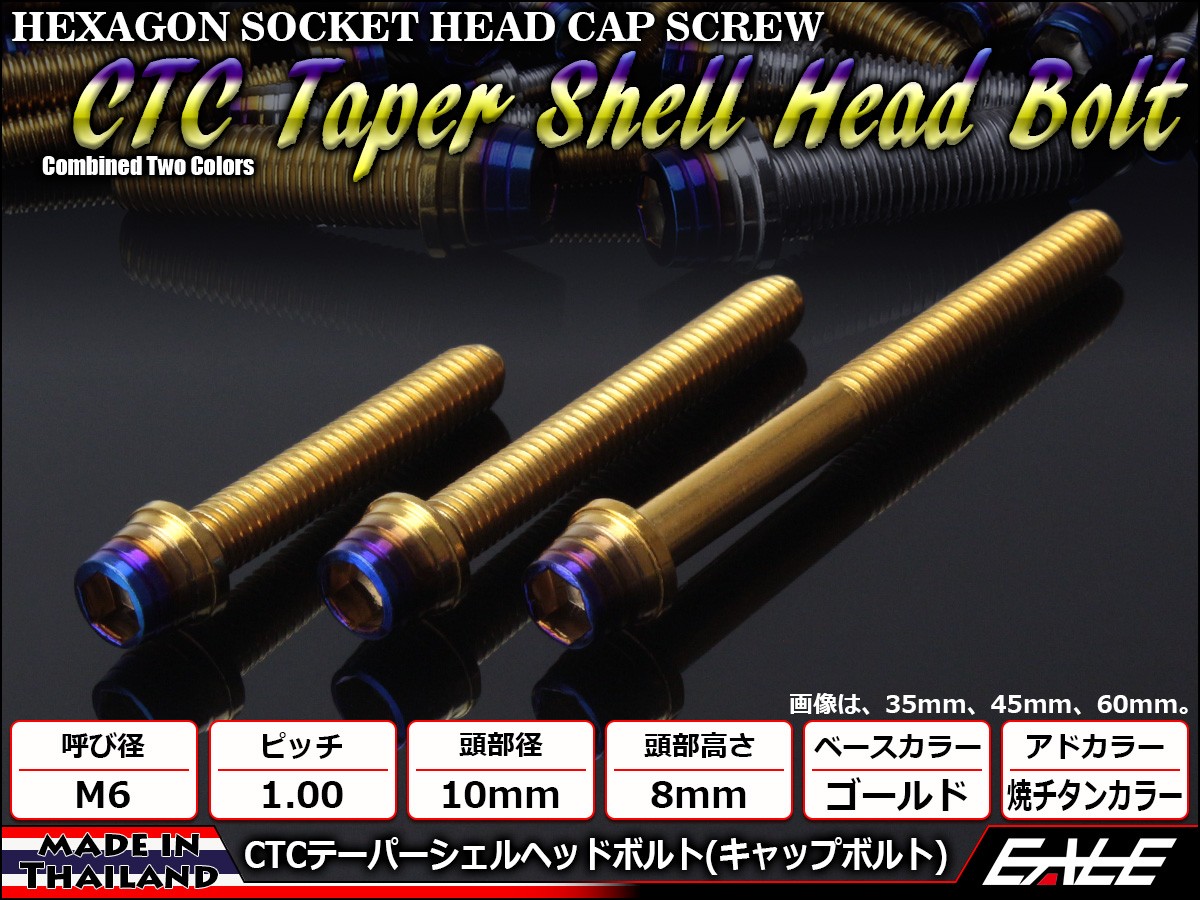 M6×10mm ステンレス 削り出し 2色 テーパー シェル ヘッド ボルトキャップボルト クランクケース等エンジン周りに ゴールド 焼チタンカラー TB0906 【メール便可】
