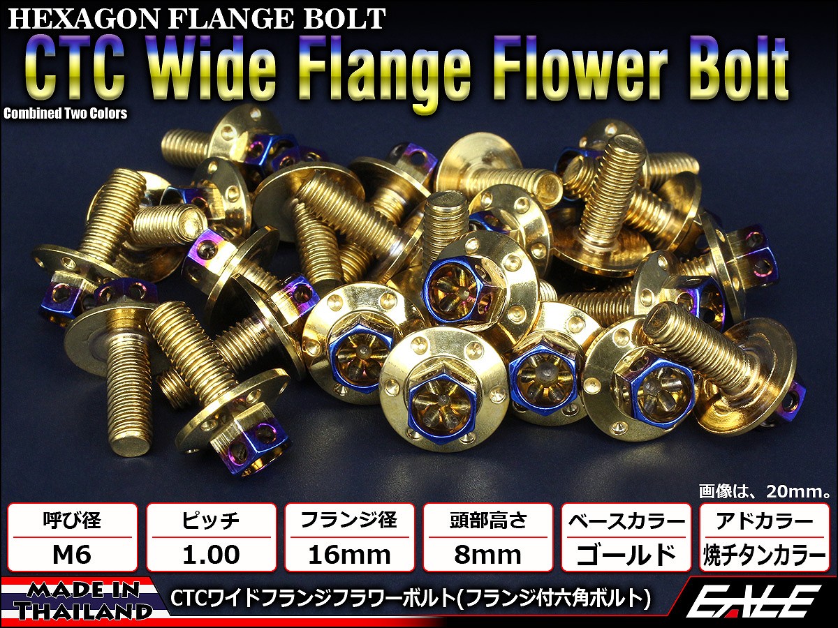 M6×25mm P1.00 2色 ワイドフランジフラワー ボルト ワイヤーロック穴付き 六角ボルト ステンレス削り出し ゴールド&焼きチタンカラー TB0979 【メール便可】