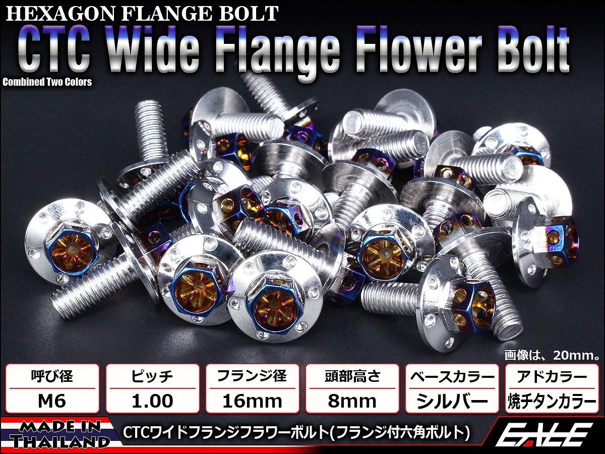 M6×25mm P1.00 2色 ワイドフランジフラワー ボルト ワイヤーロック穴付き 六角ボルト ステンレス削り出し シルバー&焼きチタンカラー TB0974 【メール便可】