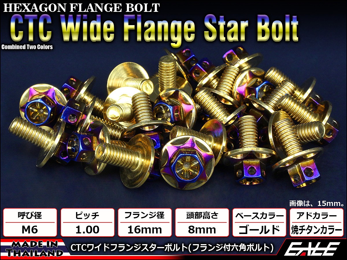 M6×10mm P1.00 2色 ワイドフランジスター ボルト ワイヤーロック穴付き 六角ボルト ステンレス削り出し ゴールド&焼きチタンカラー TB1000 【メール便可】