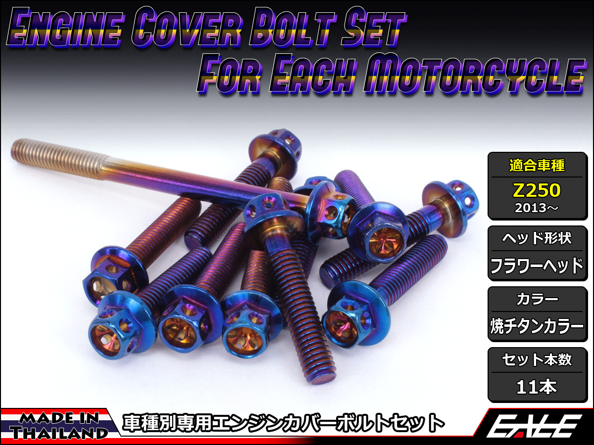 Z250(ER250) エンジンカバー ボルト11本set フランジ付六角ボルト フラワーヘッド 焼チタンカラー TB8056